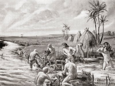 Frühe Siedler in Babylonien entwässern die Sümpfe durch den Bau eines Damms, aus Hutchinsons Geschichte der Nationen, veröffentlicht 1915 von Margaret (after) Dovaston