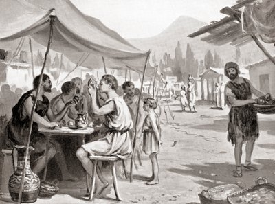 Eines der Gesetze von Lycurgus, dem spartanischen Reformer, war, dass niemand seine Mahlzeiten zu Hause oder privat einnehmen sollte, aus Hutchinsons Geschichte der Nationen, veröffentlicht 1915 von Margaret (after) Dovaston