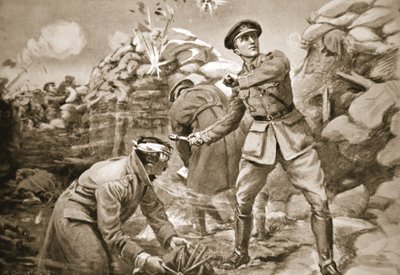 Captain Vickers hält den Feind in Schach, während hinter ihm eine Barriere errichtet wird von Margaret Dovaston