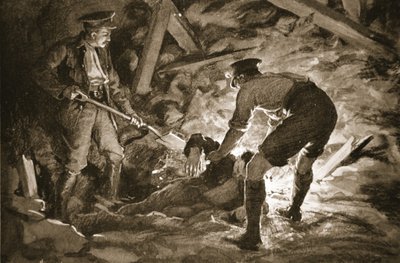 Unteroffizier J. McCartney gräbt mit Hilfe eines Kameraden einen Bergmann aus, der durch eine Minenexplosion verschüttet wurde von Margaret Dovaston