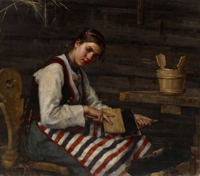 Mädchen beim Karden von Maria Wiik