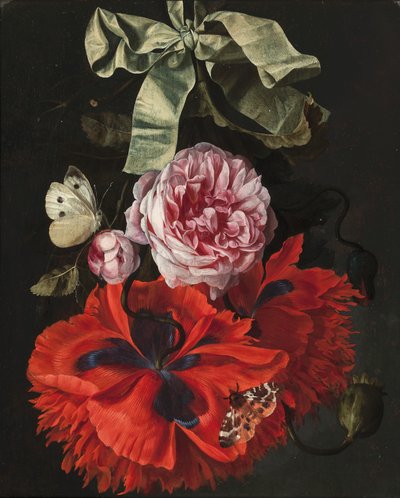 Rosen und Nelken, die an einem grünen Band mit einer Motte und einem Schmetterling hängen von Maria van (studio of) Oosterwyck