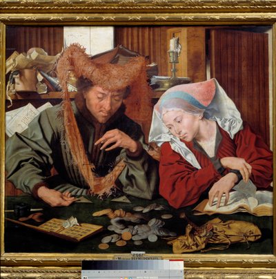 Der Geldwechsler und seine Frau Ein Paar Geldwechsler zählt und wiegt Geld. Gemälde von Marinus Claeszoon van Reymerswaele (1493-1567) 1538 Madrid, Prado Museum von Marinus van Reymerswaele
