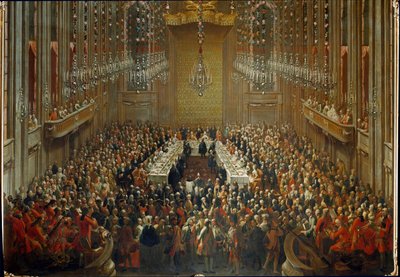 Bankett anlässlich der Hochzeit von Kaiser Joseph II. und Isabella von Parma am 6.10.1760. Mit Mozart im Orchester von Martin (and studio) Mytens or Meytens