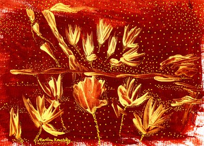 Landschaft mit Blumen und Sternenhimmel Braun Gold von Martina Konitzky