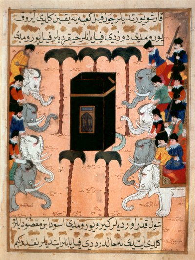 Der christliche Führer von Äthiopien versucht, die Kaaba mit Miniatur-Elefanten zu zerstören. Miniatur aus „Siyer-i Nebi“ (episches Gedicht über das Leben des Propheten Muhammad, geschrieben von Mustafa, Sohn von Yusuf d