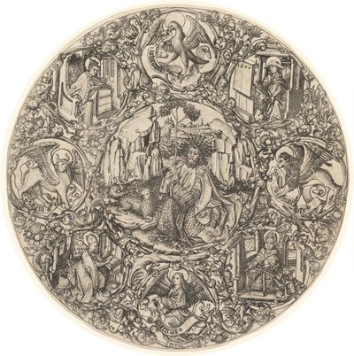 Johannes der Täufer in der Wüste mit dem Lamm Gottes, umgeben von den Symbolen der Evangelisten und den vier Kirchenvätern von Master E.S.