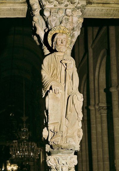 Pfosten mit Figur des Heiligen Jakobus, Pórtico de la Gloria, Kathedrale Santiago de Compostela von Master Mateo