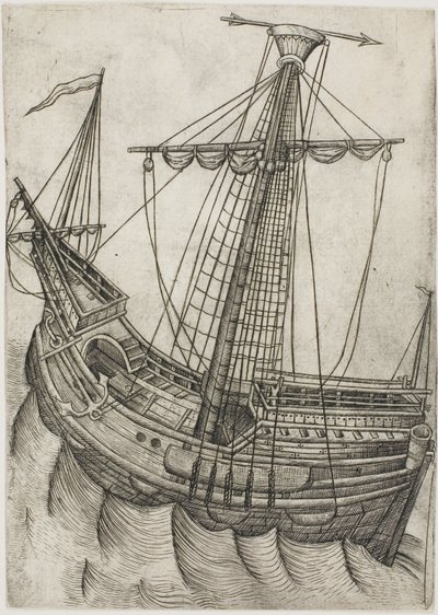 Schiff mit gerefften Segeln und Pfeil, der nach rechts zeigt von Master W with the Key