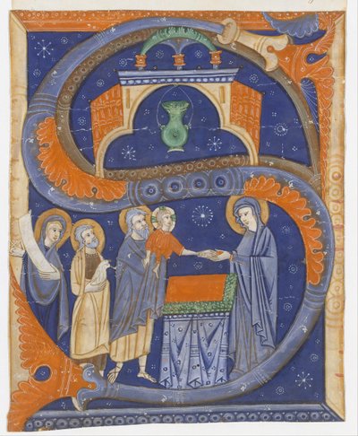 Manuskript-Illumination mit der Darstellung Christi im Tempel in einem Initial S..., ca. 1278 von Master of Bagnacavallo