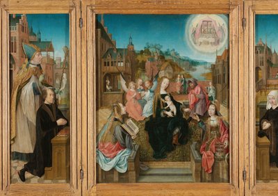 Triptychon mit Madonna und Kind mit Heiligen (Mitte), männlicher Stifter mit St. Martin (links, Innenflügel), weiblicher Stifter mit St. Cunera (rechts, Innenflügel) und der Verkündigung (Außenflügel) von Master of Delft