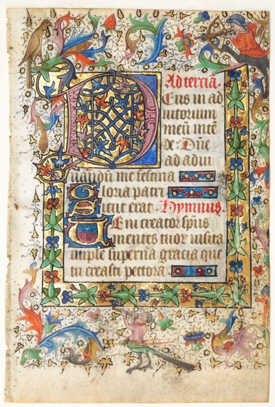 Blatt aus einem Stundenbuch: Verzierte Initiale D[eus] mit Blattbordüre (Eröffnung der Terz: Stunden des Heiligen Geistes) von Master of Guillebert de Mets