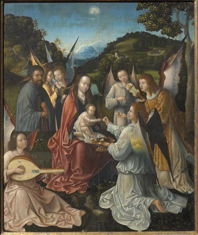 Heilige Familie mit Engeln und den Heiligen Katharina und Barbara Triptychon, Mittelteil, 16. Jh. von Master of Hoogstraeten