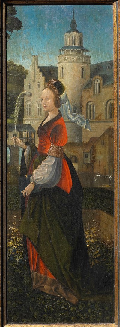 Heilige Barbara. Heilige Familie mit Engeln und den Heiligen Katharina und Barbara Triptychon, 16. Jahrhundert von Master of Hoogstraeten