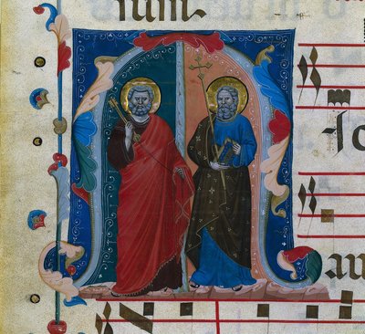 Blatt aus einem Graduale mit historisierter Initiale M: SS. Peter und Andreas von Master of Isaac and Esau