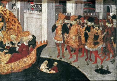 Decameron von Boccaccio: Der Burgherr Pericone empfängt Alatiel, Tochter des Sultans von Babylon Beminedab, und ihre Gefolgschaft auf der Insel Mallorca von Master of the Cassoni