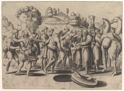 Joseph in der Mitte, von seinen Brüdern über einem Brunnen verkauft, Kamele rechts von Master of the Die