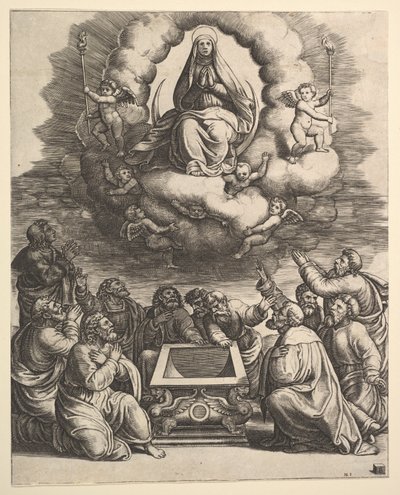 Mariä Himmelfahrt, unten umgeben die Apostel das Grab, 1530-60 von Master of the Die