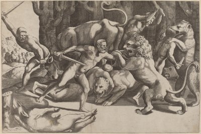 Fünf Männer kämpfen gegen Bestien von Master of the Die after Giulio Romano