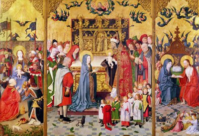 Altarbild der sieben Freuden der Jungfrau, Darstellung der Anbetung der Könige, der Darstellung im Tempel und des Erscheinens Christi vor Maria, ca. 1480 von Master of the Holy Family