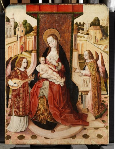 Triptychon der Jungfrau und des Kindes mit zwei Engeln, Detail der Madonna und des Kindes vom zentralen Flügel, ca. 1500 von Master of the Lee Triptych Master of the Lee Triptych