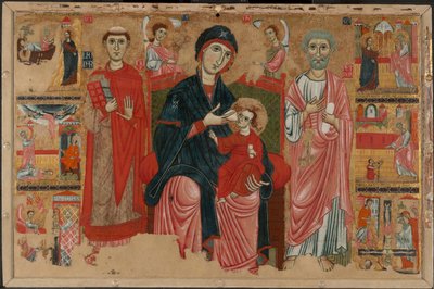 Jungfrau und Kind auf dem Thron mit den Heiligen Leonard und Peter und Szenen aus dem Leben des Heiligen Peter von Master of the Magdalen