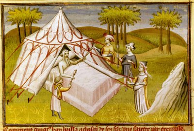Der mongolische Führer Dschingis Khan auf seinem Sterbebett gibt seinen Söhnen seine letzten Empfehlungen, ca. 1410 (Miniatur) von Master of the Mazarine