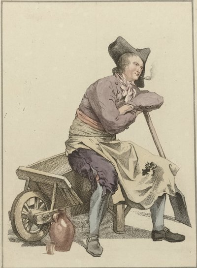 Mann sitzt auf dem Rand einer Schubkarre von Mathias de Sallieth
