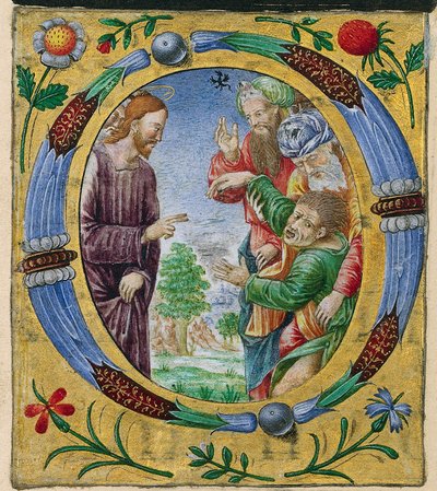 Ausschnitt aus einem Messbuch: Initiale O mit Christus, der einen Exorzismus durchführt von Matteo da Milano