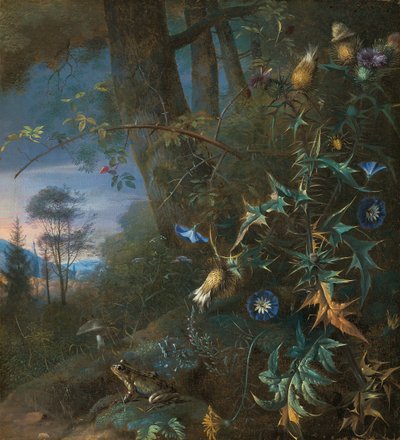 Waldboden-Stillleben mit einem Frosch und einem Pilz, Berge im Hintergrund von Matthias Withoos