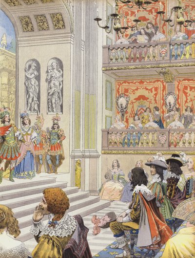 Aufführung im Theater des Palais Cardinal von Mirame, dem Stück von Richelieu und Desmarets von Maurice Leloir