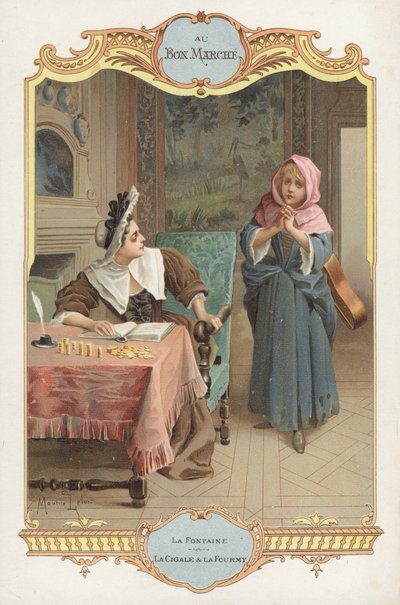 Szene aus Jean de la Fontaines Fabel La Cigale et la Fourmi (Die Ameise und die Heuschrecke) von Maurice Leloir