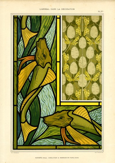 Jugendstil-Kompositionen mit Fischen und Libellen von Maurice Pillard Verneuil