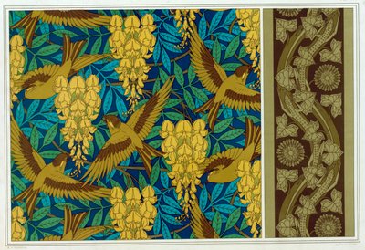 Designs für Vögel und Wisteria Hängend und Tapetenbordüre mit Eidechsen und Efeu von Maurice Pillard Verneuil