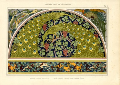 Pfau- und Hasenmotive als dekorative Jugendstilkomposition (Lithografie) von Maurice Pillard Verneuil