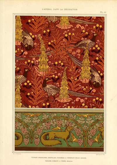 Oberflächenmuster mit Fasanen und Weinrand von Maurice Pillard Verneuil