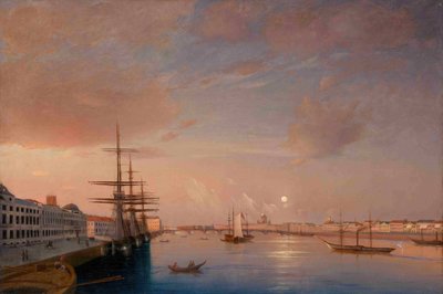 Blick auf die Blagoweschtschenski-Annunciationsbrücke und die Nikolaevskaya-Uferpromenade, um 1852 von Maxim Nikiphorovich Vorobyev