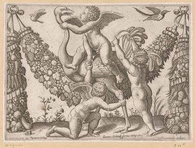 Drei Putti und ein Strauß von Meester van de Dobbelsteen