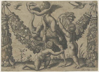 Drei Putti mit einem Strauß (Wandteppiche des Papstes von Raffael) von Meester van de Dobbelsteen