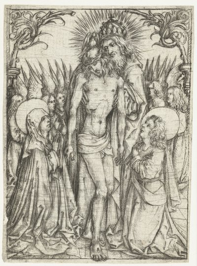 Anbetung der Heiligen Dreifaltigkeit durch Maria, Johannes den Evangelisten und Engel von Meester van het Amsterdamse Kabinet
