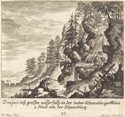 Großer Wasserfall, Schwanburg von Melchior Küsel after Johann Wilhelm Baur