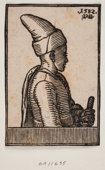 Büste eines jungen Mannes mit spitzem Hut und Stab in der linken Hand, Profil nach rechts von Melchior Lorck