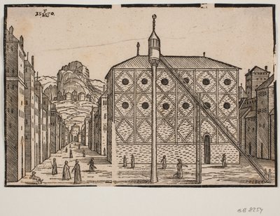 Straße, im Vordergrund Moschee und freistehendes Minarett von Melchior Lorck