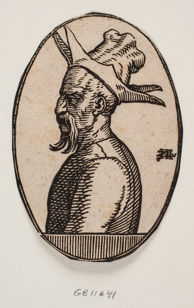 Ovalmedaillon mit Büste eines Mannes mit hängendem Schnurrbart und Hut mit vier Klappen; die linke Seite des Gesichts des Mannes ist im Profil zu sehen von Melchior Lorck
