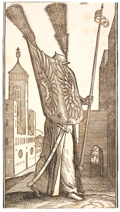 Stehender Soldat mit einem Schild, der mit Adlerflügeln verziert ist, und einem Helm, der mit einer riesigen Feder geschmückt ist von Melchior Lorck