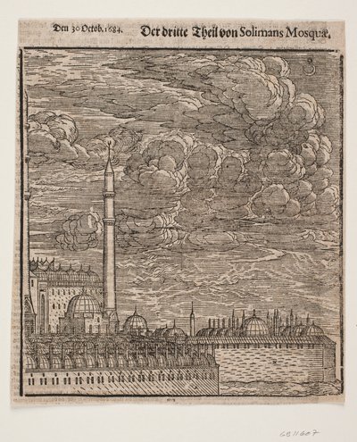 Die Süleymaniye-Moschee, von Nordosten gesehen. Rechte Hälfte von Melchior Lorck