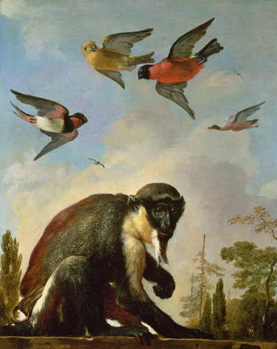 Angeketteter Affe in einer Landschaft von Melchior de Hondecoeter