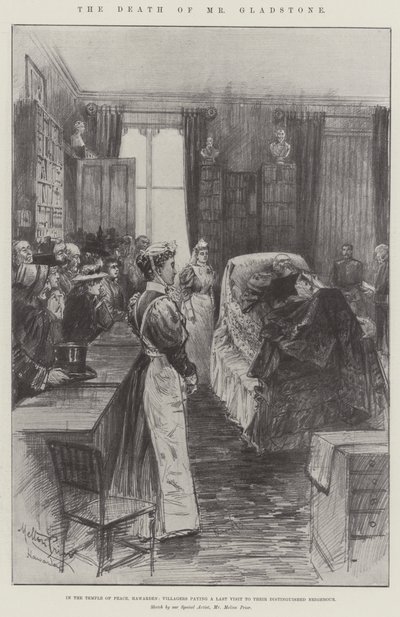 Der Tod von Mr. Gladstone, im Tempel des Friedens, Hawarden, Dorfbewohner besuchen ihren berühmten Nachbarn ein letztes Mal von Melton Prior