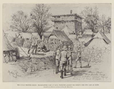 Der Aufstand an der indischen Grenze, Hauptquartierlager in Bagh, geschützt gegen das Feuer des Feindes in das Lager bei Nacht von Melton Prior