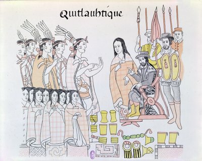 La Malinche (Dona Marina) als Dolmetscherin während der Präsentation von Frauen und Gold durch Montezuma (1466-1520) an Hernando Cortes (1485-1547) Illustration aus einer Faksimile einer mexikanischen indianischen Bildgeschichte von Mexican School